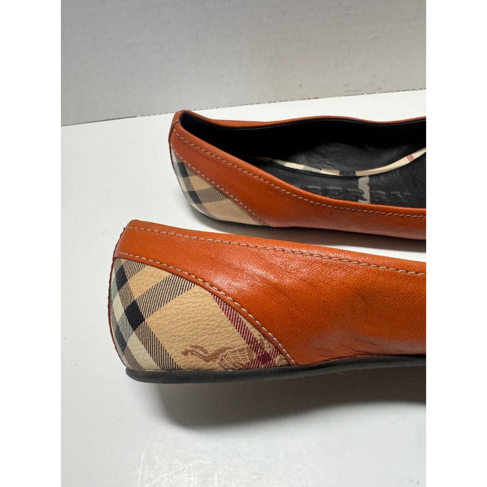 Burberry Orange Leather Nova Check Peep Toe Ballet Flats Bow‎ Charms Size 37 7 - Picture 8 of 10